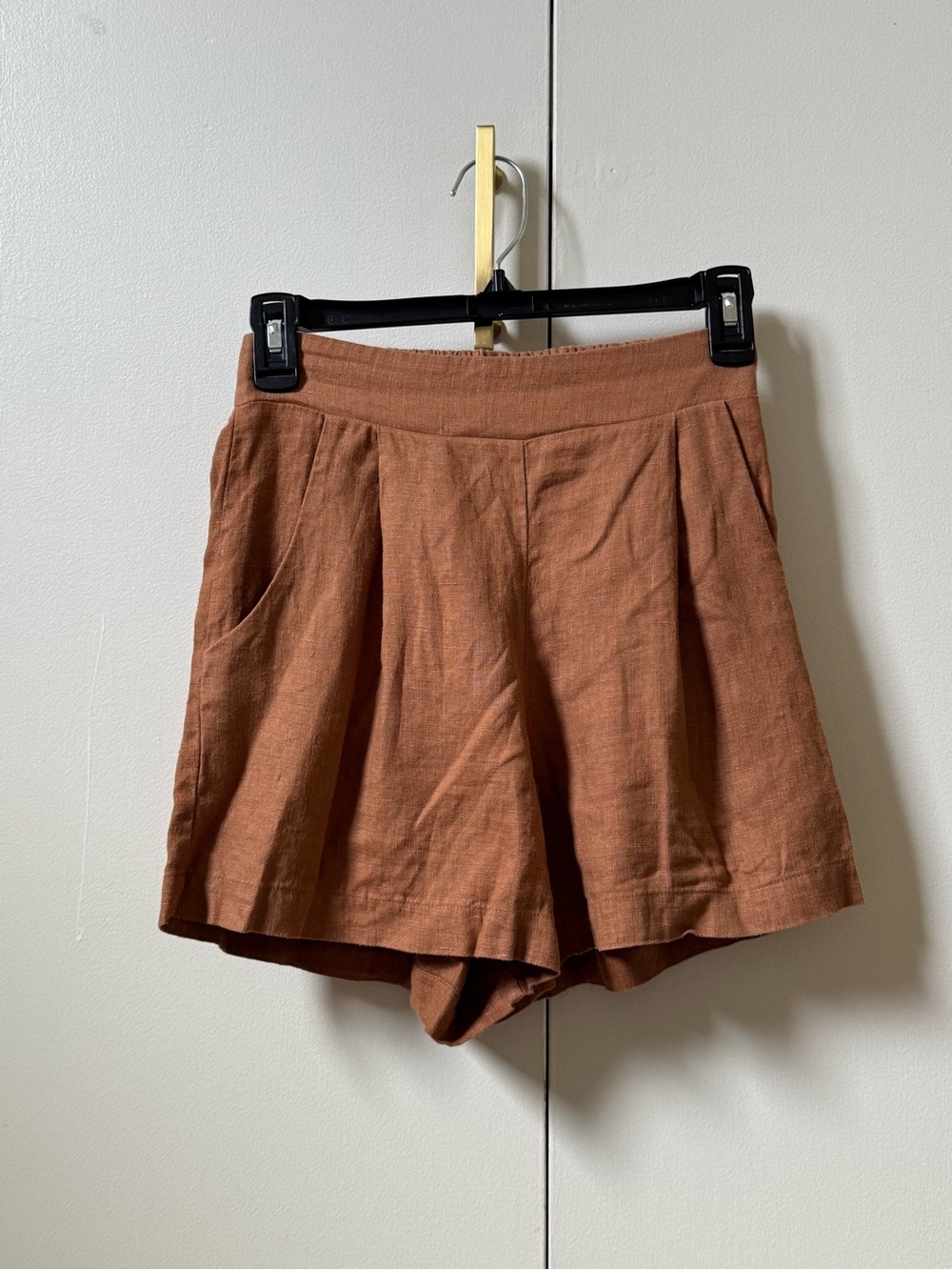 Whimsy + Row Rust Brown Pleated Linen-Blend Shorts